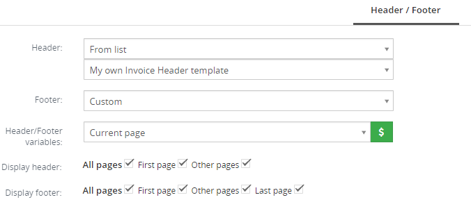 Header/Footer tab – PDF Maker Vtiger 7