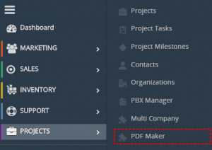 PDF Maker in vtiger 7 menu