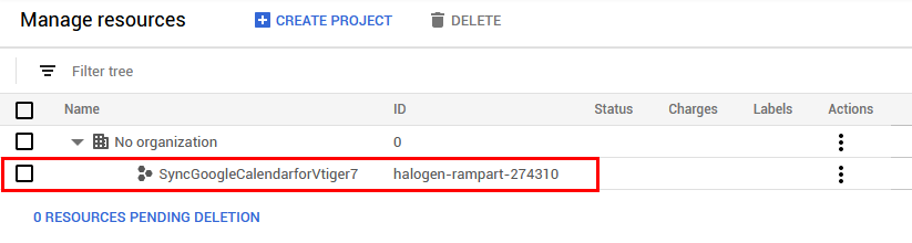 Select Google Project - Google Calendar Vtiger 7 Sync