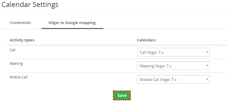 Save mapping of Activity types to Calendar - Google Calendar Vtiger 7 Sync