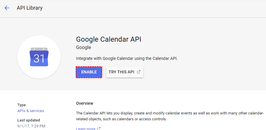 Enable API Google Project - Google Calendar Vtiger 7 Sync