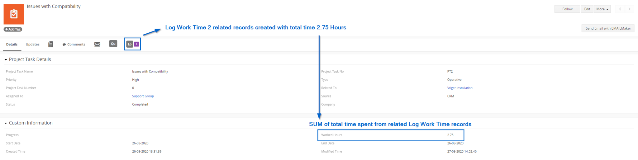 Vtiger related Log Work Time list displaying saved work records