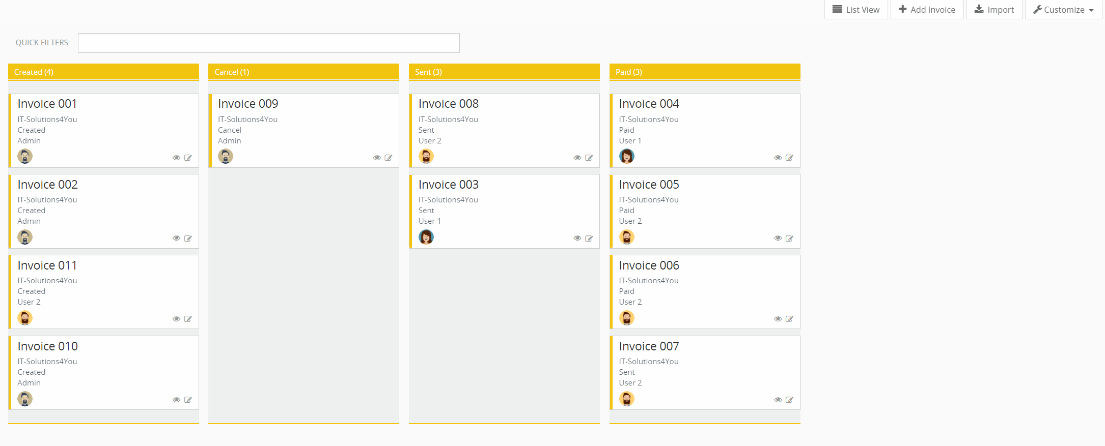 Vtiger Kanban view invoices