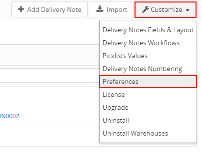 Delivery Notes - Preferences settings