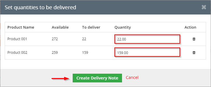 Warehouses - Invoice module, creating Delivery Note