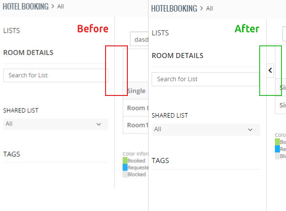vtiger features news Hotel Booking and arrow to hide left panel comparison