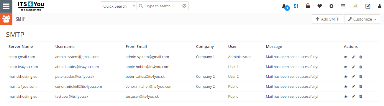 list view of Multi SMTP