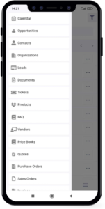 vtiger mobile app menu