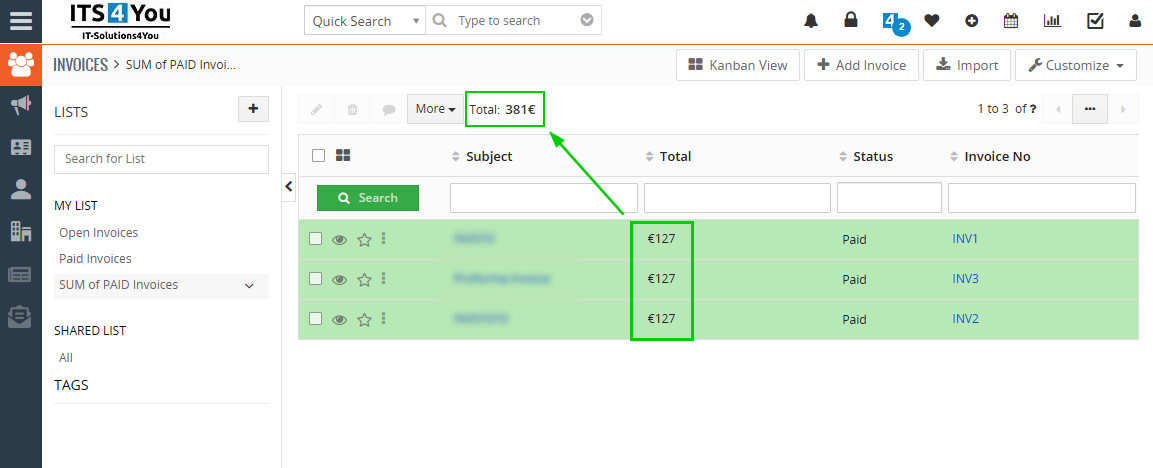 vtiger sum of amounts list view