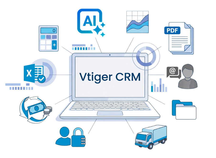Comprehensive overview of Vtiger CRM extensions including AI integration, PDF Maker, Excel Import, Email Marketing automation, and Cashflow management modules.