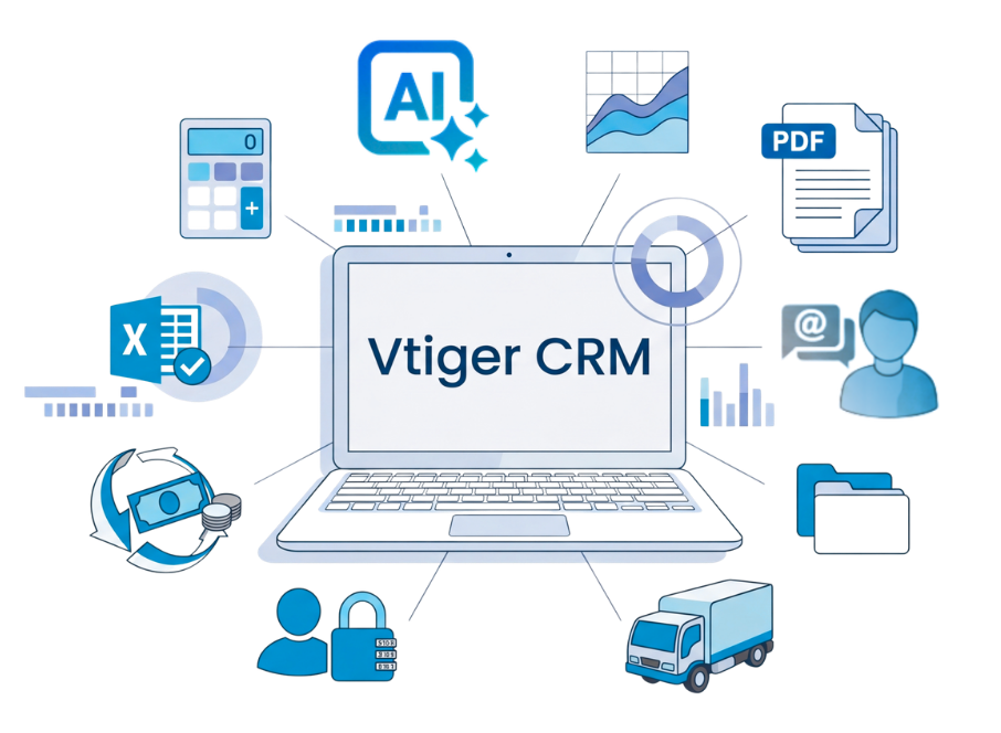 Comprehensive overview of Vtiger CRM extensions including AI integration, PDF Maker, Excel Import, Email Marketing automation, and Cashflow management modules.