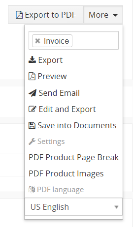 Vtiger PDF Maker interface showing export options like preview, email and save to documents