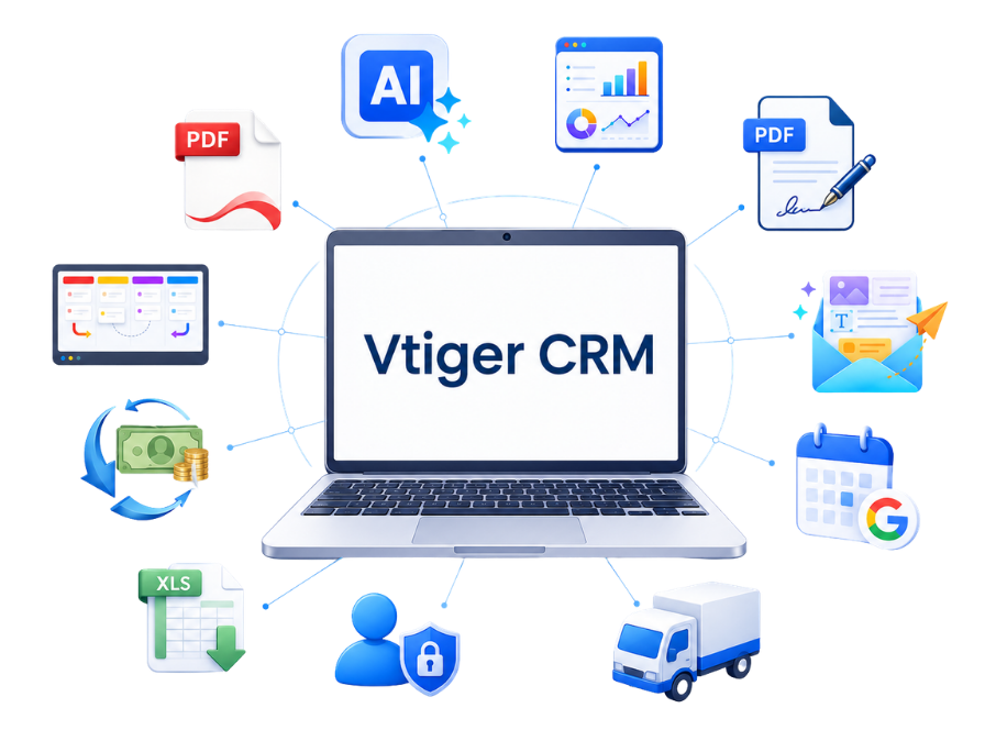 Comprehensive overview of Vtiger CRM extensions including AI integration, PDF Maker, Excel Import, Email Marketing automation, and Cashflow management modules.