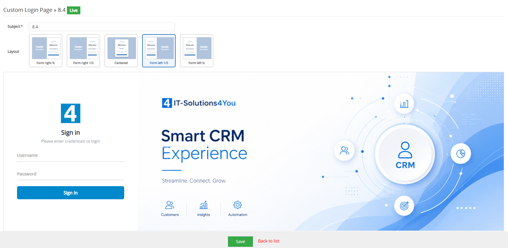Custom Login Page preview configuration screen for Vtiger CRM