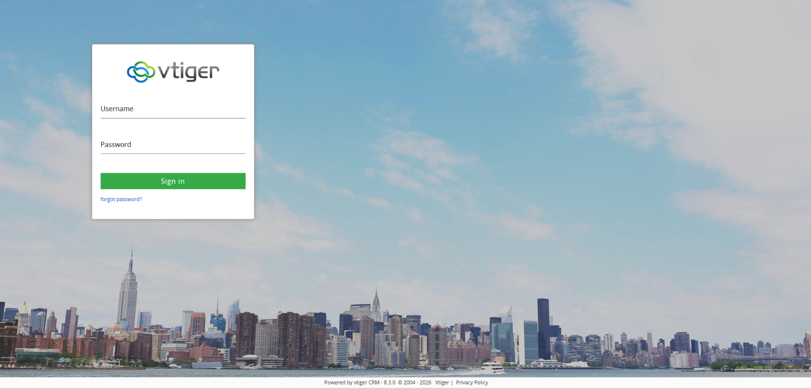 Default Vtiger CRM login page preview