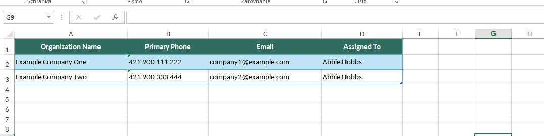 Import file with Assigned To column XLS import file containing organization data and the Assigned To user Abbie Hobbs for Multi Company assignment