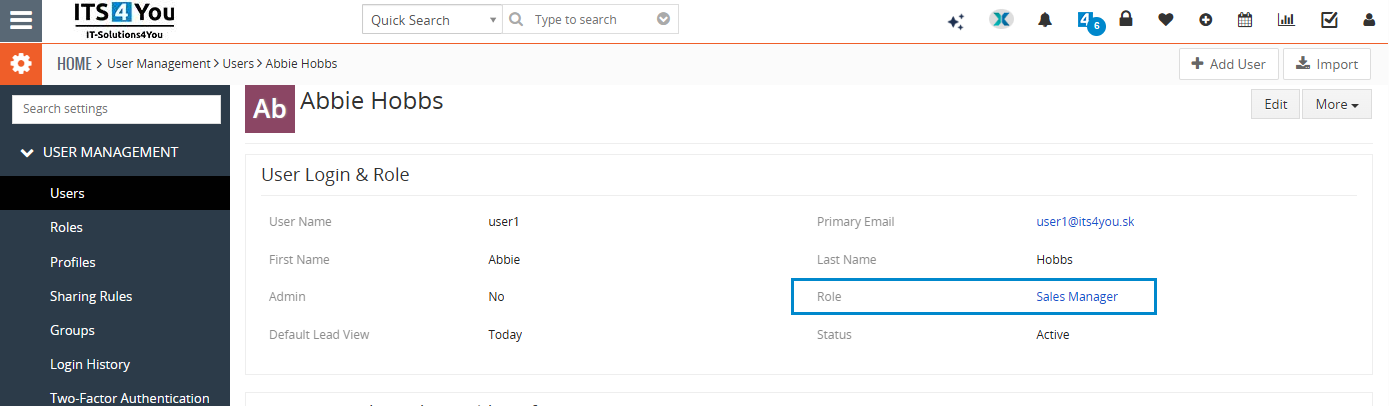 Checking the user role Vtiger user settings showing the role assigned to a user used for Multi Company record assignment