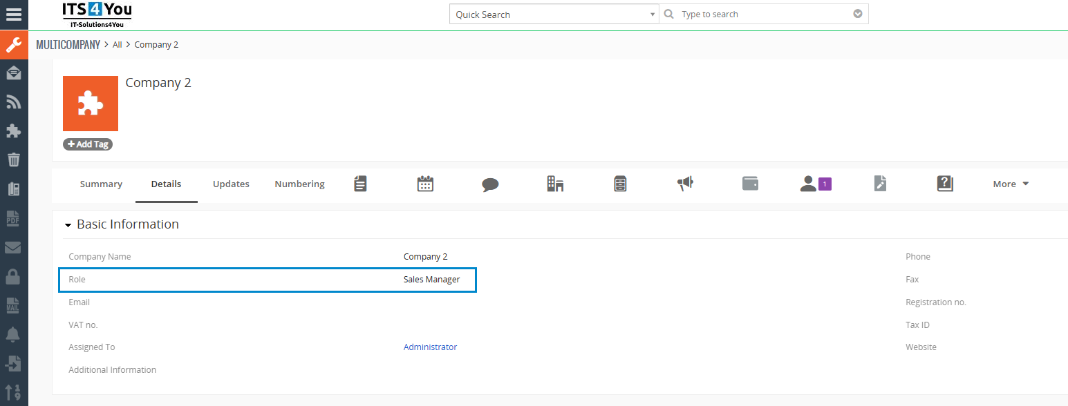 Multi Company role assignment Multi Company settings showing a Vtiger role assigned to the required company