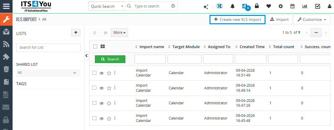Open the XLS Import module Opening the XLS Import extension from the main menu in Vtiger CRM