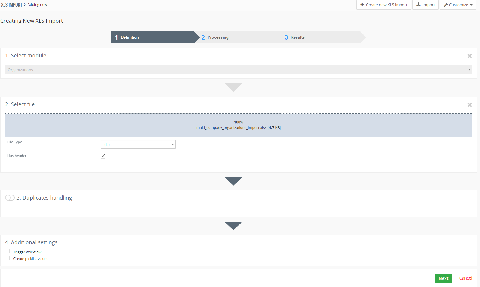 Select the module and XLS file XLS Import settings for selecting the target Vtiger module and uploading an XLS file