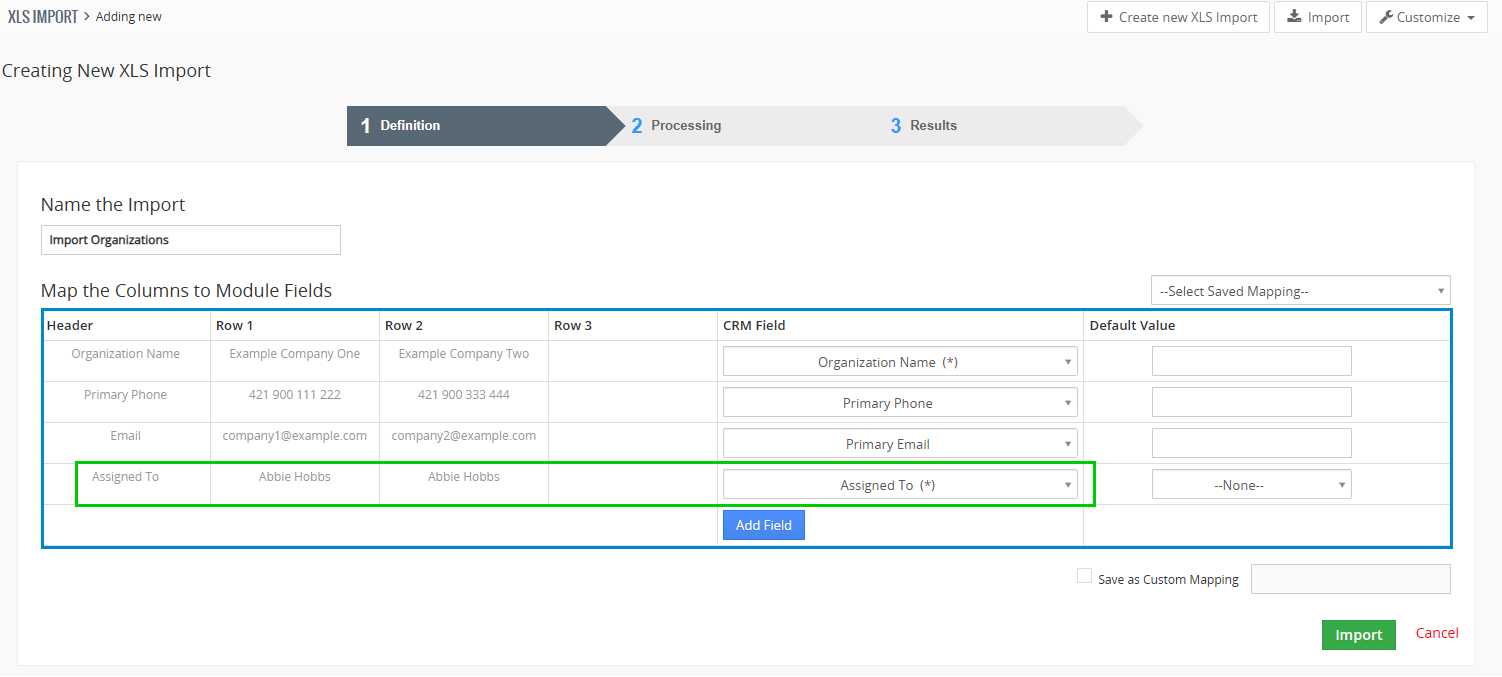 Map the Assigned To field in XLS Import XLS Import field mapping with the Assigned To column mapped to a Vtiger user