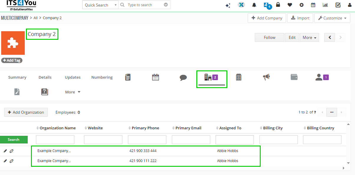 Verify imported records Imported Vtiger organization records assigned to the selected user for Multi Company access