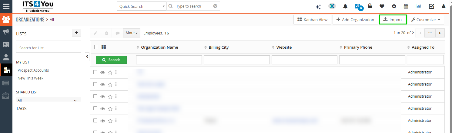 Start the Vtiger CSV import Starting a standard CSV import from the Organizations module in Vtiger CRM