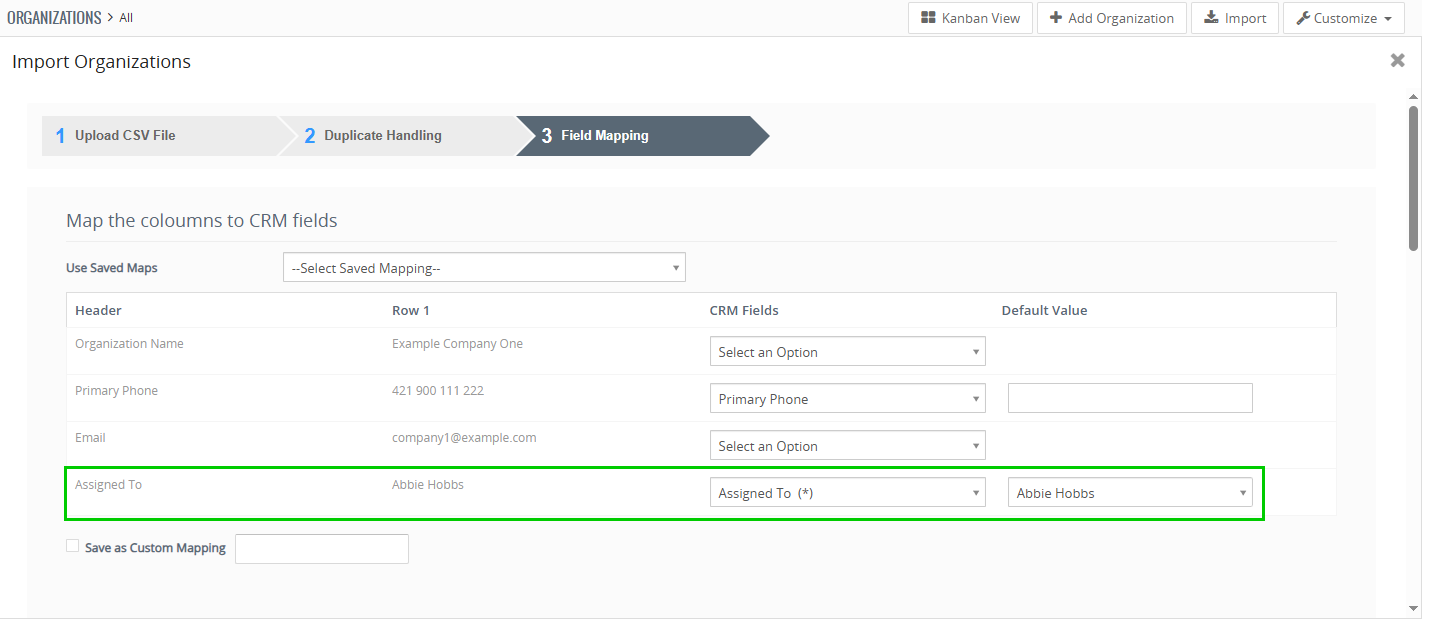 Map the Assigned To field during CSV import Standard Vtiger CSV import mapping with the CSV user column mapped to the Assigned To field