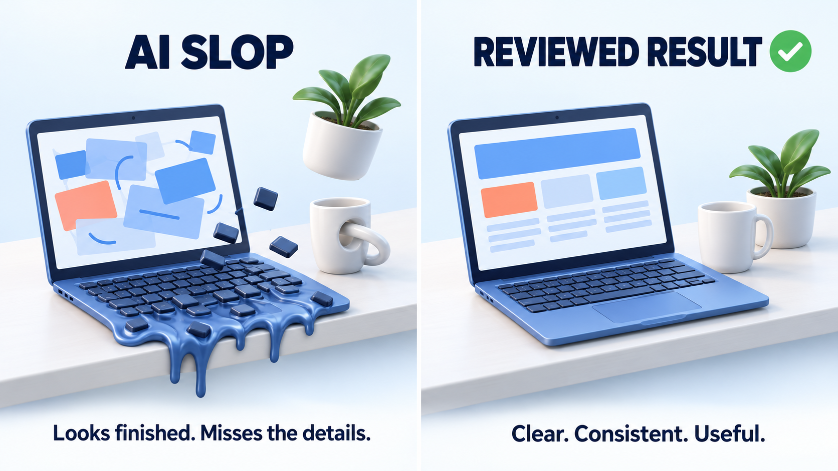 Side by side comparison of a flawed AI workspace illustration and a coherent version with a laptop, coffee mug and plant