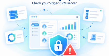 PHP security update illustration with a Vtiger CRM dashboard, protective shield and red warning symbol.