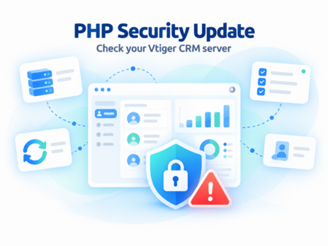 PHP security update illustration with a Vtiger CRM dashboard, protective shield and red warning symbol.