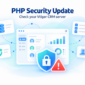 PHP security update illustration with a Vtiger CRM dashboard, protective shield and red warning symbol.