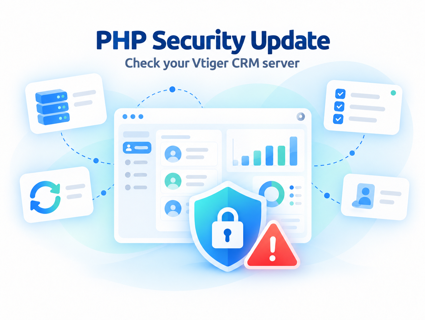 PHP security update illustration with a Vtiger CRM dashboard, protective shield and red warning symbol.